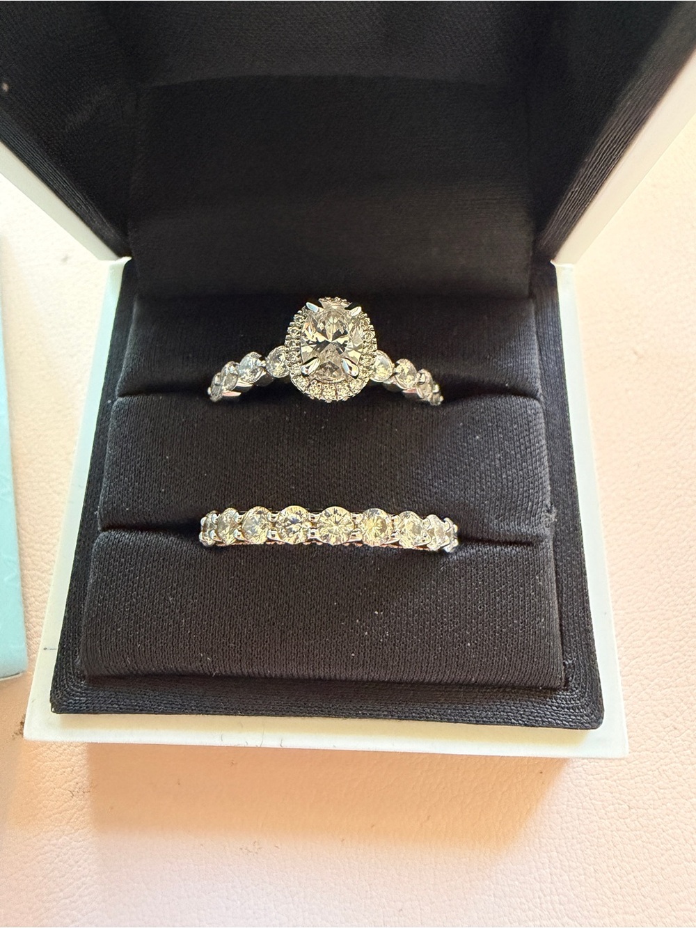 MS Blue Oval Halo with Pavé Shared Prong Band Moissanite Engagement Ring & band